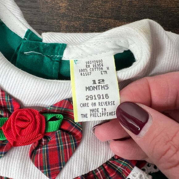 Vintage Baby Dress Nutcracker Green Velvet Christmas Size 12 Months Plaid Trim - Picture 8 of 9